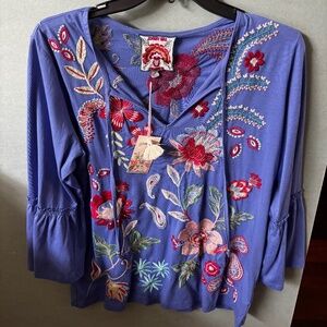JOHNNY WAS Ruffle Sleeve Top blue medium NWT freyde embroidered